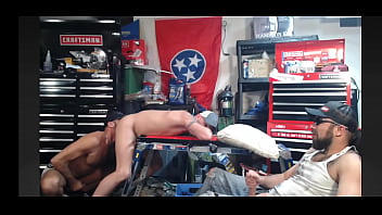 Preview 1 of Squirt In Yoga Hosen - Three Daddies Working In The Garage