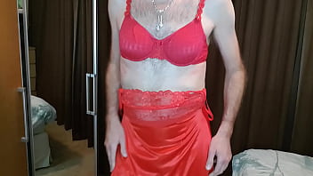 Preview 3 of Sucking Boobshub - Crossdresser wears red Marie-Jo lingerie.