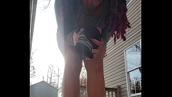 Preview 4 of Xnxx Orgy - Outside desperately holding my pee while I stuff ice in my tight hole gag myself with my socks