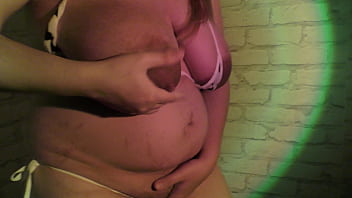 Preview 4 of Stomach To Face Cumshot - Hot wife with a big lactating boobs wearing a lewd micro-bikini cow cosplay and start milking own huge boobs and masturbate hairy pussy at halloween 2022 party - Milky Mari