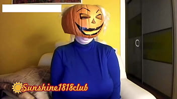Preview 4 of Xxx Sunny Leon Fuck Red Sofa - Happy Halloween pervs! Big boobs pumpkin  cam recorded 10 31