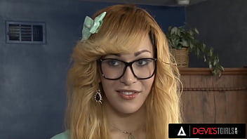 Preview 1 of Gay Chubby Latino Porn - DEVILS TGIRLS - Sexy Trans With Glasses Ryder Monroe Gets Her Asshole Plumbed