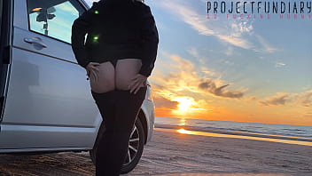 Preview 1 of Lina Ann Xxx Videos - magical sunset sex at the beach - risky public quickie with girl in tight yoga leggings,  projectfundiary