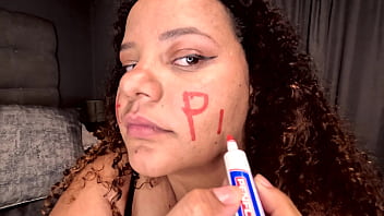 Preview 1 of X Hapsi - BBW colored girl DEEPTHROATING A dildo after writing dirty words on her whore face