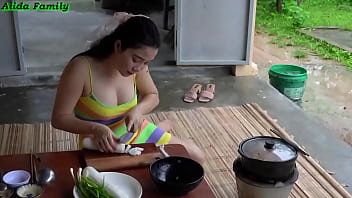 Preview 3 of Indian Housewife With Pet Dog - Alida made the spicy- stewed pig feet with white radish - a nutritious,  simple dish
