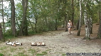 Preview 1 of Sarah Young Flying Nurses - Old blonde grandma takes it from both sides outdoors