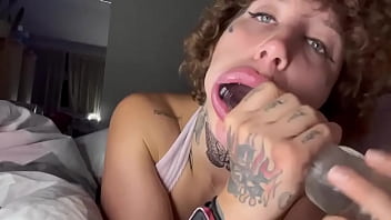 Preview 4 of Girl Fist Sex In Life So Hard - Bad bitch sucks dildo with passion under covers in bed