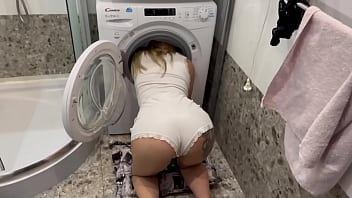 Preview 1 of Knee Pee - My sexy stepsister is stuck in the washing machine in her underwear and is asking for help