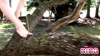 Preview 1 of Big Boobs Kiss Hot Mom - Lesbian Nina strip off showing natural tits and shaved pussy in tree