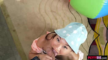Preview 4 of Any Bnny - Naughty petite stepsister Kimmy Kim likes to play with her stepbrother&#039_s balls sucking them down her throat and then into her tight wet pussy.