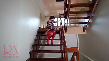 Preview 2 of Ada Sandrez - Cute MILF in red stockings without panties shows pussy and ass.