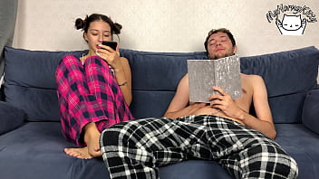 Preview 1 of Lesbian Nude Hairy Girl - Step Brother Secretly Jerking Off Close To Step Sister But She Caught Him! they CUM at THE SAME TIME