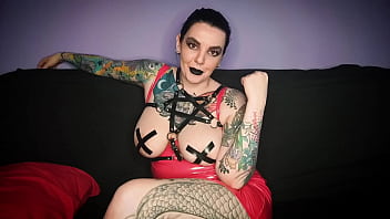 Preview 1 of Group Taking - JOI and foot job on a dildo from Satanic,  busty and inked Mistress in red PVC