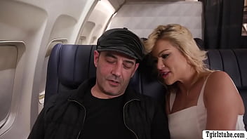 Preview 1 of Shy Girl Shagged With Yoga Pant - Aroused passenger fucked by TS flight attendant
