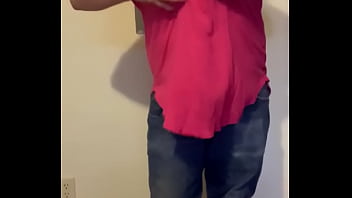 Preview 1 of Deleviry Video - Man in Jeans and Loose Womens Top,  Takes off Shirt and Unzip Jeans to Reveal Bra and Panties,  Jerks off to Futanari and Cums Inside His Oversized Panties