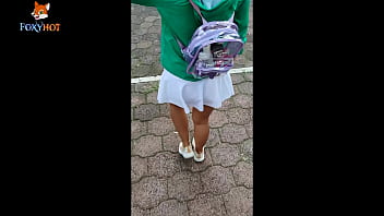 Preview 4 of White Wife - Paseo por la ciudad en el subterraneo,  parques y supermercado,  con faldita y legging transparente,  con mi mochilla transparente llena de juguetes sexuales,  video completo sacando mis juguetes en el parque en mi canal premium.