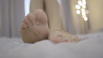 Preview 3 of Xxxdom - Foot fetish! Sexy blonde shows her feet in nylons and wants cum on them!