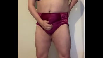 Preview 2 of English Mom Son Xx - Man in Silky Pink Floral Dress,  Strips to Floral Bra and Red Panties,  Then Cums to My Hero Futanari Inside His Panties