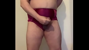 Preview 3 of English Mom Son Xx - Man in Silky Pink Floral Dress,  Strips to Floral Bra and Red Panties,  Then Cums to My Hero Futanari Inside His Panties