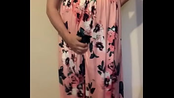 Preview 1 of English Mom Son Xx - Man in Silky Pink Floral Dress,  Strips to Floral Bra and Red Panties,  Then Cums to My Hero Futanari Inside His Panties