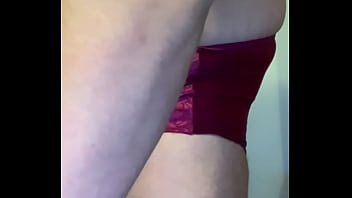 Preview 4 of English Mom Son Xx - Man in Silky Pink Floral Dress,  Strips to Floral Bra and Red Panties,  Then Cums to My Hero Futanari Inside His Panties
