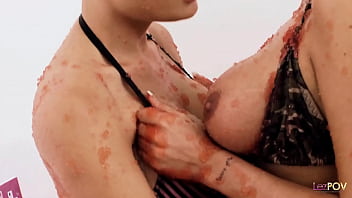 Preview 4 of Exit Purn - Their big fake boobs look marvelous covered with red jello while lesbians fuck