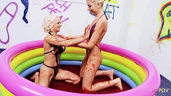 Preview 1 of Deutsches Taxi - Barbie looking blonde lesbians with big fake tits rubbing each other in a pool full of jelly