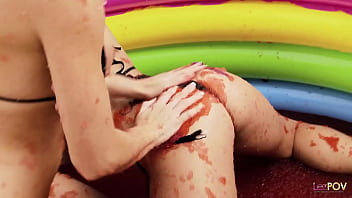 Preview 2 of Ebony Slim Solo - These busty British lesbians have a kink for food as they roll around and rub their shaved pussies
