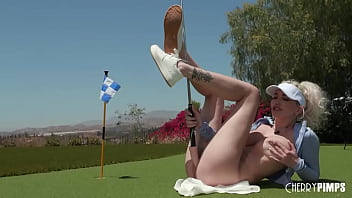 Preview 4 of Triangle Pee - All Natural Big Tits Blonde Skye Blue Goes Golfing and Fucks Herself Silly with a Dildo