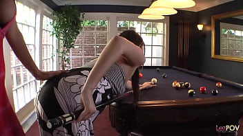 Preview 1 of Black Pregnut Woman - Teaching the cue stick holding technique ends up with the lesbian milf using her dildo on the brunette