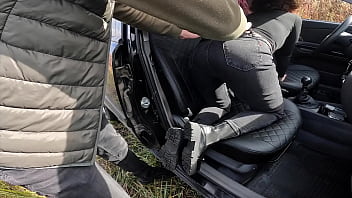 Preview 2 of Car Flashing - Horny Brunette Sucking Dick Driver and Doggystyle Fuck in the Front Seat of Car Outdoor before Big Cumshot in Pussy - Amateur Couple Sex