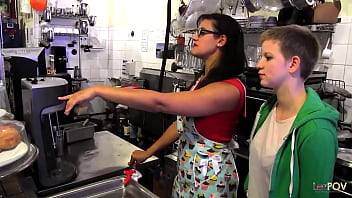 Preview 1 of Bum Job - New blonde employee gets taught the ins and outs of the kitchen by the brunette milf lesbian