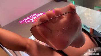 Preview 4 of Girl And Her Vib - Goddess sexy feet close-up in torn sweaty nylons on the table