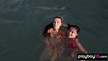 Preview 2 of Group In Party - Skinny Ukrainian lesbian babes Sofi Ka and Gloria Sol playing by the pool