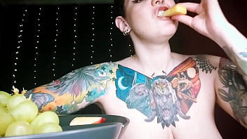 Preview 3 of Khatrimazafull - Hot horny tattooed bitch sexy eating fruit and pouring sweet yogurt on her boobs