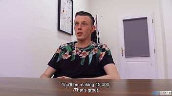 Preview 1 of Wwwhotxxxsexc Myom - Handsome Man Lays On The Desk Spreads His Legs Ready To Get Fucked For A Few Extra Cash - BigStr