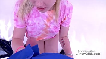 Preview 3 of Vhunky Women - Freckle faced young blonde girl gets to suck big cock in studio