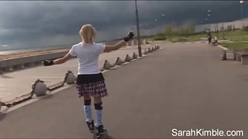 Preview 1 of Summer Brielle Black - Sweet Sarah Kimble roller blade on the part and showing her pussy closeup naked outdoor