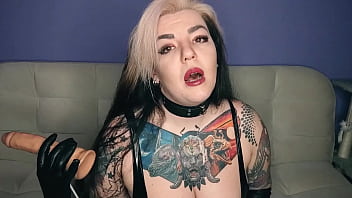 Preview 4 of Big Fait - Long and hot sissy training with strap-on and fake cum from busty,  tattooed strict Mistress