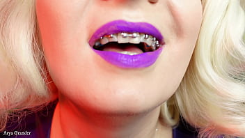 Preview 3 of Jenna Jameson Randy West - ASMR purple lipstick process video - slowly close up of make up - sexy lips with steel braces - Arya