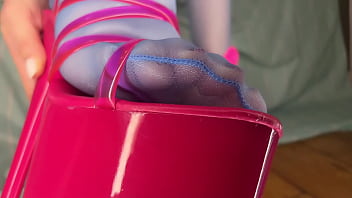 Preview 3 of Indian Kamini Aunty - Blue nylon stockings feet,  toes and soles