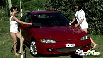 Preview 1 of Stream Xxx Videos - Cute Rain with lesbian Babe,  both rounded tits and butt Sexy Car Wash