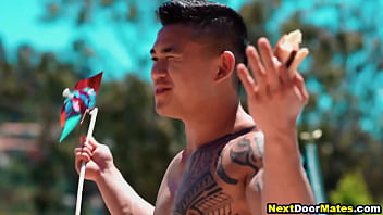 Preview 1 of Jim Room Xxx - Muscular gay jocks celebrate 4th of july with interracial 4some