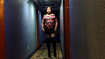 Preview 4 of Small Boobs Omegle - Hotel hallway Sissy exposed and get caught