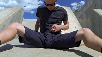 Preview 1 of Gay Interrupted - Pissing and cumming inside black shorts in public