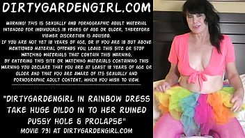 Preview 1 of Sleeping Sister And Border - Dirtygardengirl in rainbow dress take huge dildo in to her ruined pussy hole &amp_ prolapse