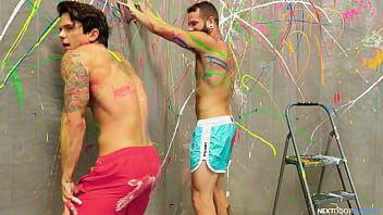 Preview 1 of Gay Grosse Queue - NextDoorBuddies - Playful Tatted Hunks Splanter Walls &amp_ Each Other