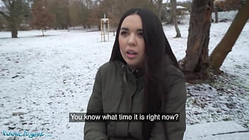Preview 1 of Olavarria - Public Agent Spanish Brunette Flashes Big Natural Tits in the Snow