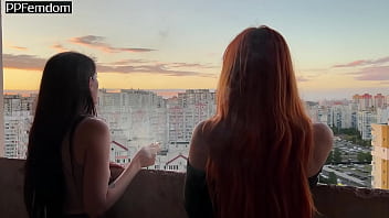 Preview 2 of Change Patner - Mistresses Agma And Sofi Spit On Slave-Girl On A Public Balcony - Lezdom Spitting