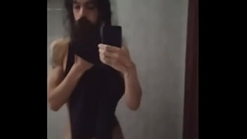 Preview 3 of Hidden Xxxx Cam Indian Video - crossdresser femboy with big cock &amp_ long beard in mirror
